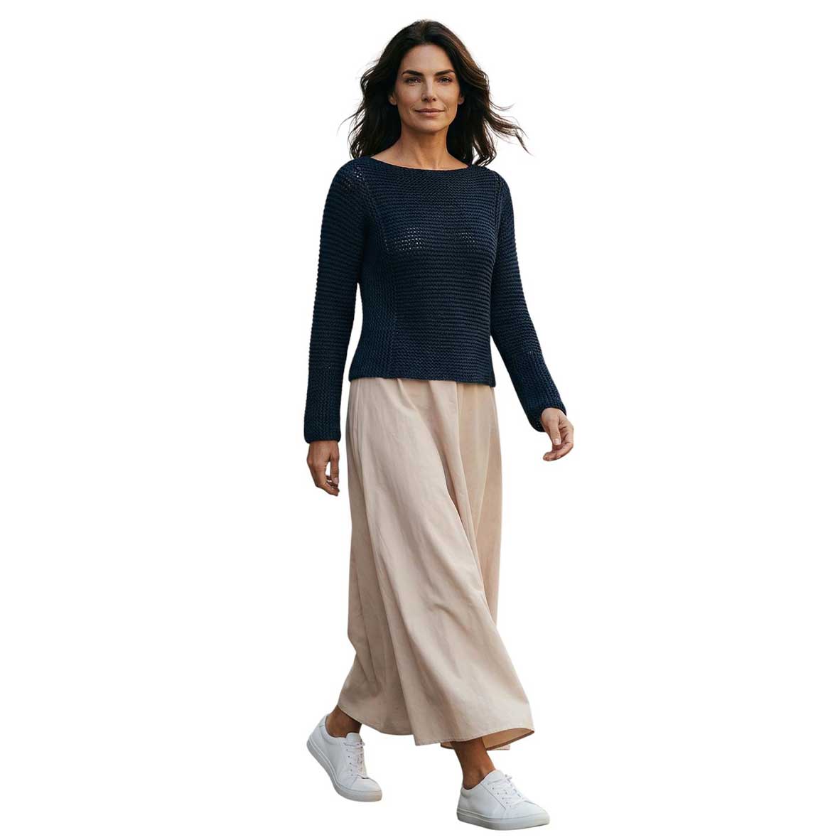 Woman wearing a Front of Navy Knit Crop long sleeves Sweater Chiara Toffanin for women sold at Aqualta