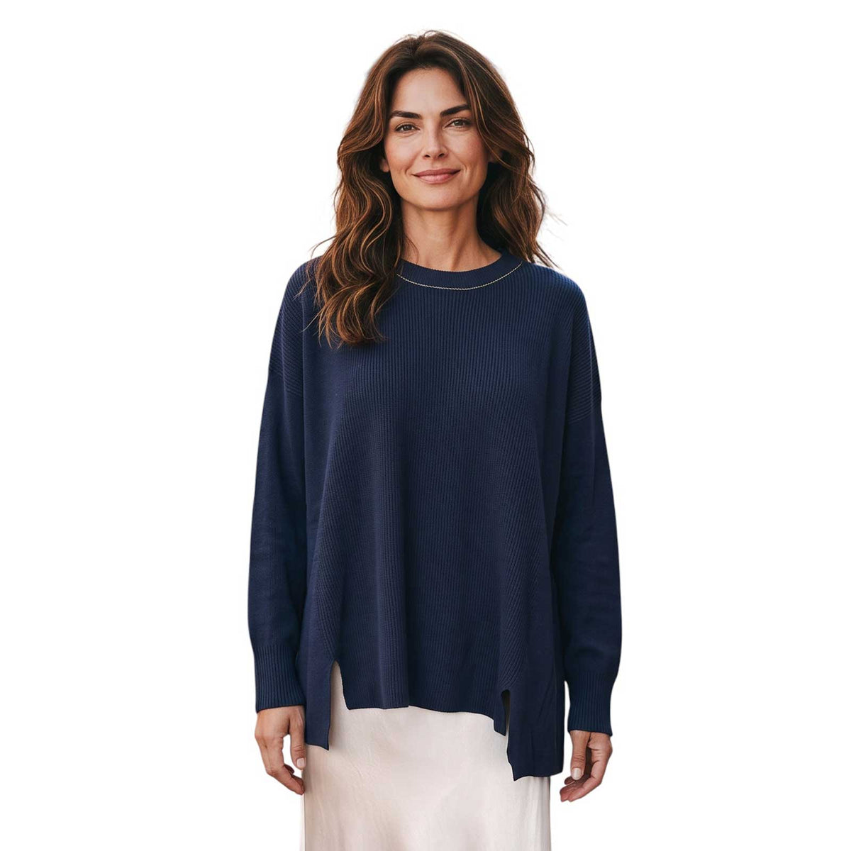 Navy Flare cut Knitted Sweater with jeweled Neckline