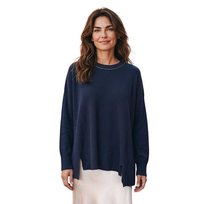 Navy Flare cut Knitted Sweater with jeweled Neckline