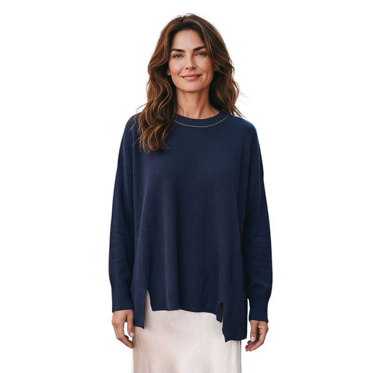 Navy Flare cut Knitted Sweater with jeweled Neckline