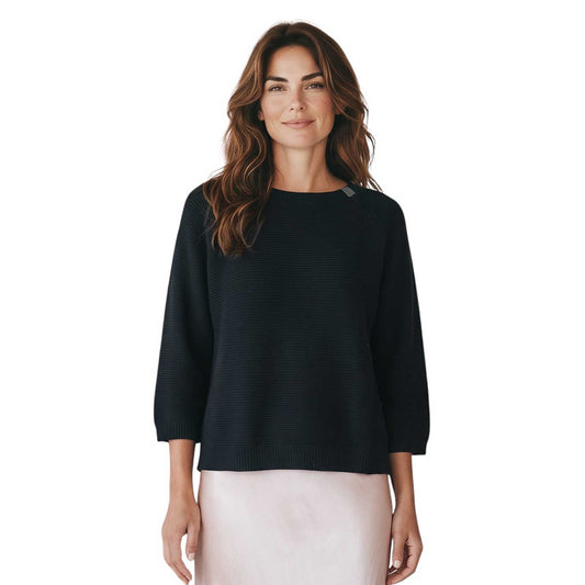 Women’s navy knitted sweater with jeweled neckline by Rocco Ragni, sold at Aqualta.
