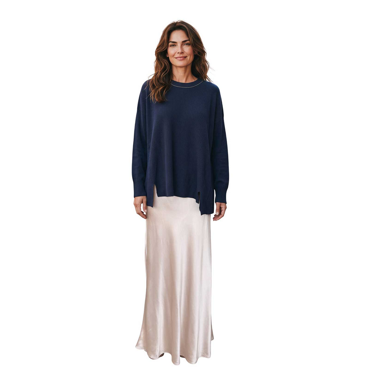 Navy Flare cut Knitted Sweater with jeweled Neckline