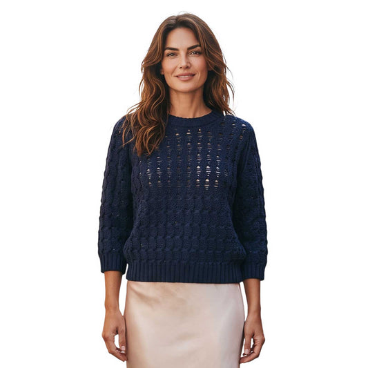 Women’s navy round neck knitted sweater with subtle sparkles by Rocco Ragni, sold at Aqualta.