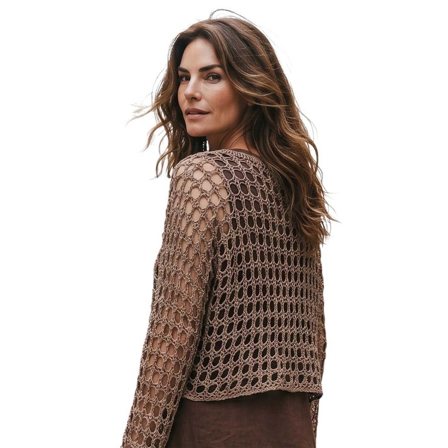 Net Crop Shrug long Sleeves Camel Chiara Toffanin sold at Aqualta 2