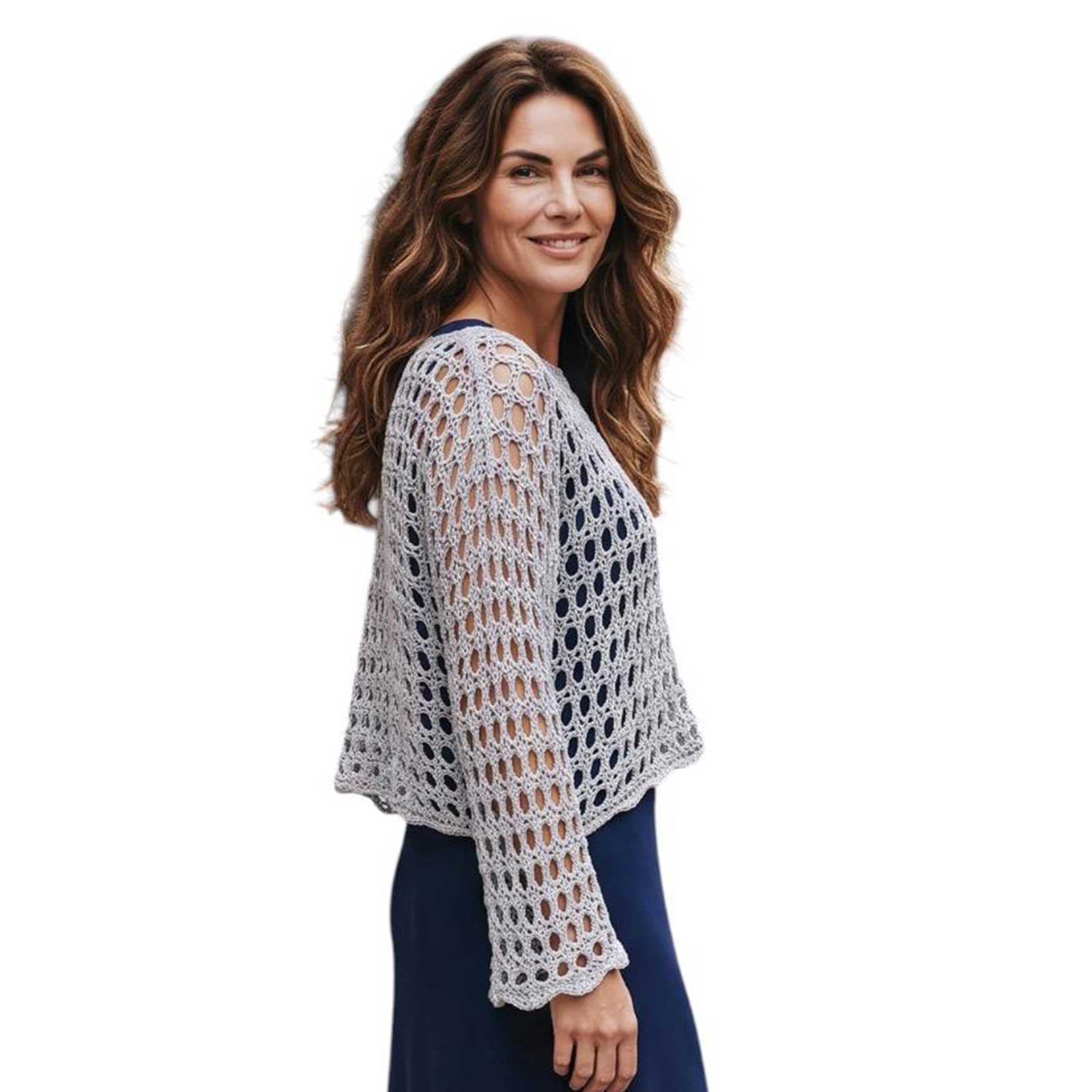 A woman wearing a Net Crop Shrug long Sleeves Gray Chiara Toffanin