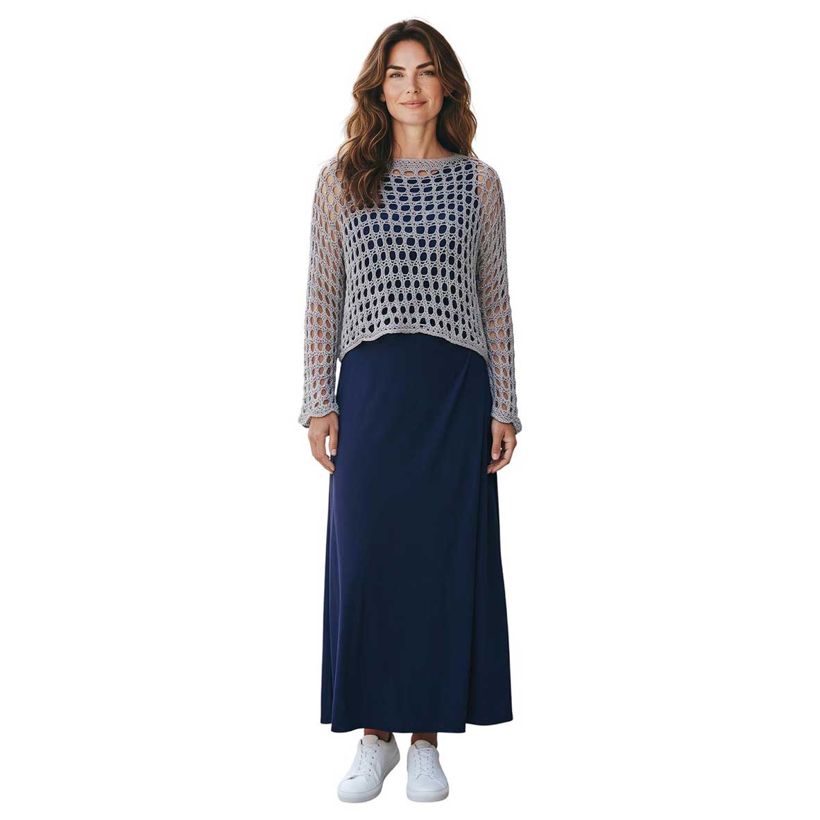 A woman modeling a Net Crop Shrug long Sleeves Gray Chiara Toffanin