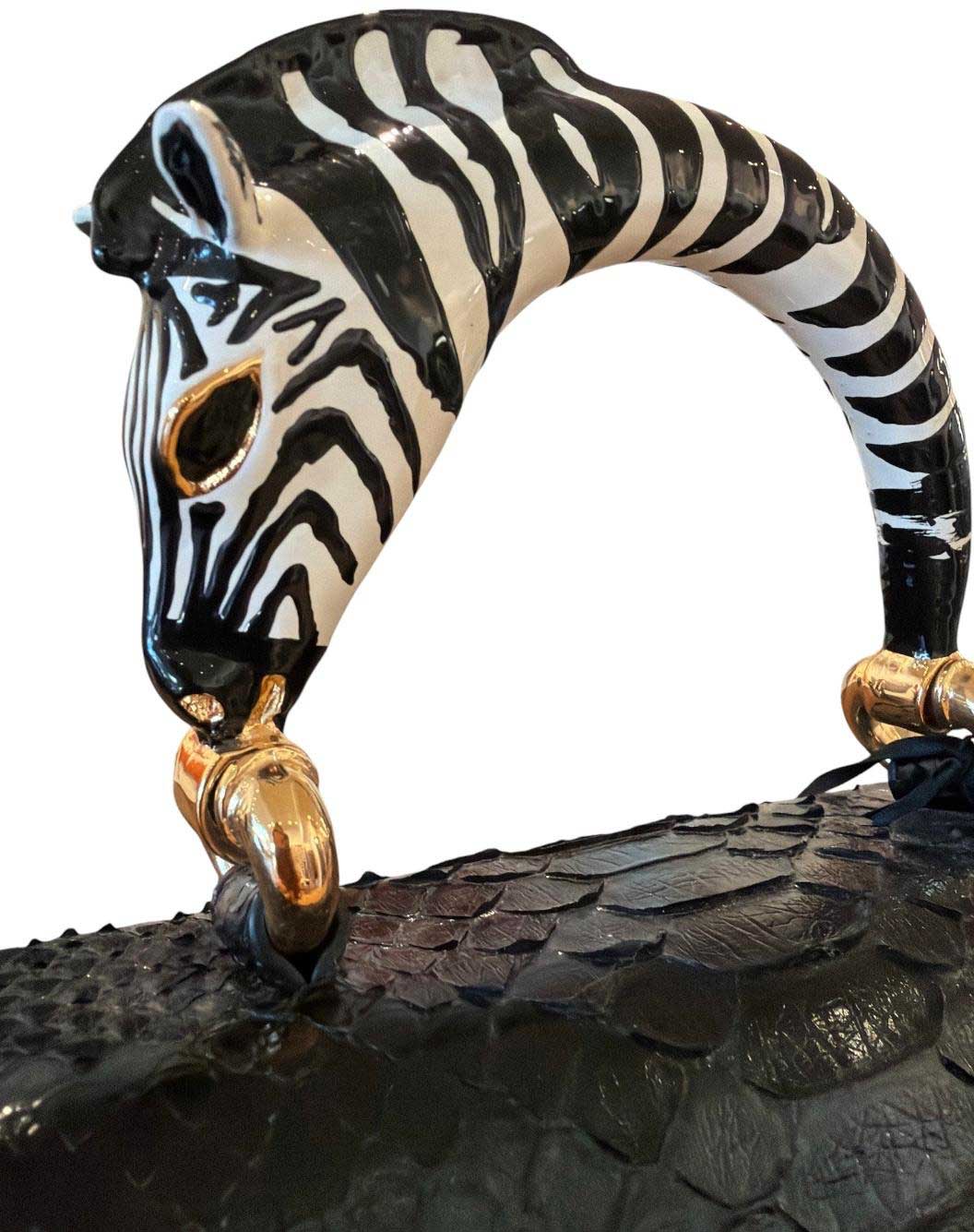 Zoom on Black Handle Bag Small Zebra Handmade in Italy by Biagini