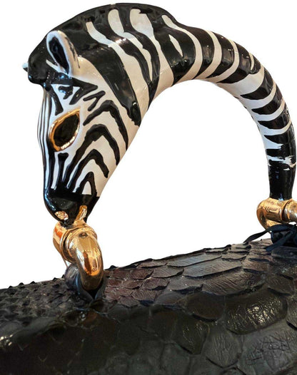 Zoom on Black Handle Bag Small Zebra Handmade in Italy by Biagini