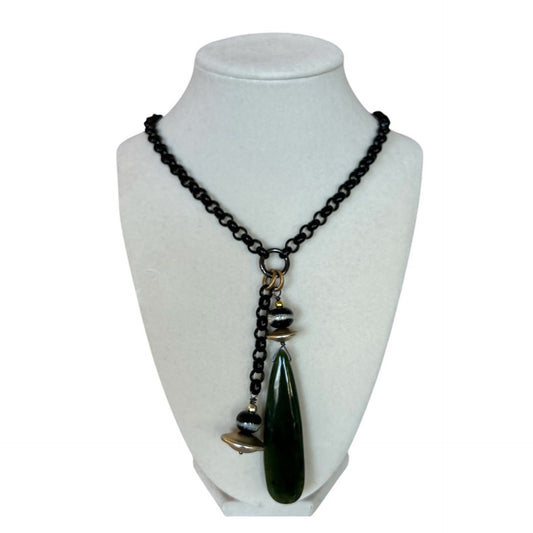 Exclusive Peggy Goodman necklace with black chain and teardrop green stone pendant, handmade jewelry at Aqualta