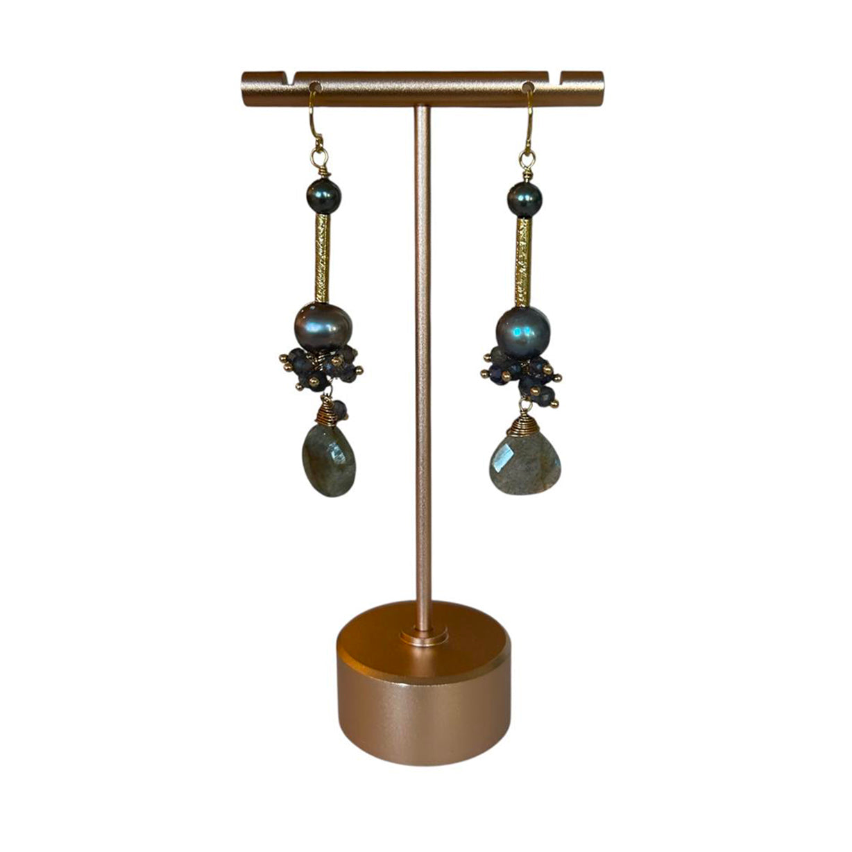 Handmade dangle earrings by Peggy Goodman for Aqualta, featuring labradorite teardrop stones, pearls, and gold accents.