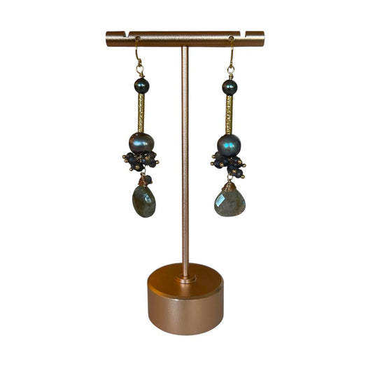 Handmade dangle earrings by Peggy Goodman for Aqualta, featuring labradorite teardrop stones, pearls, and gold accents.