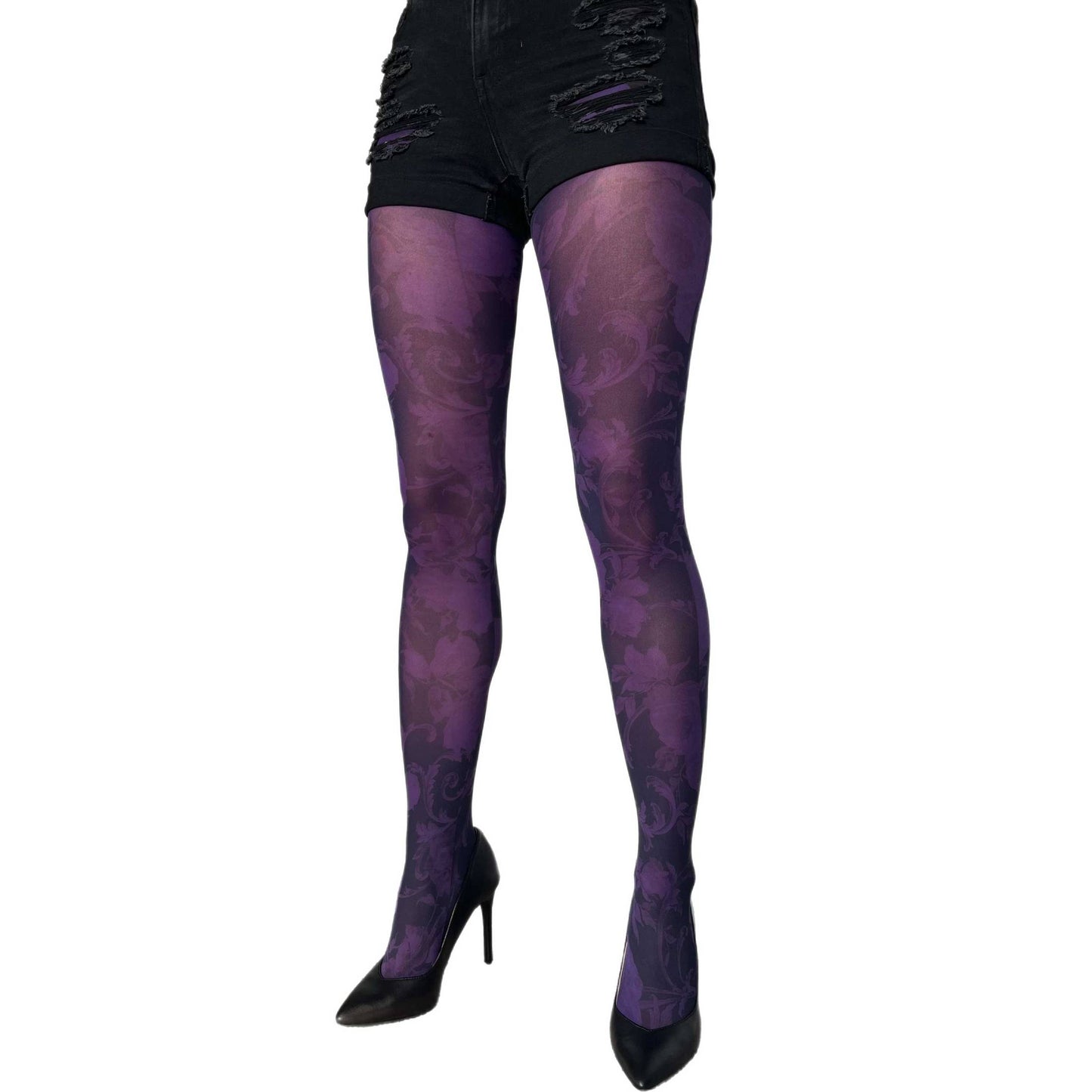 Purple Floral Patterned Printed Tights For Women Malka Chic sold at Aqualta