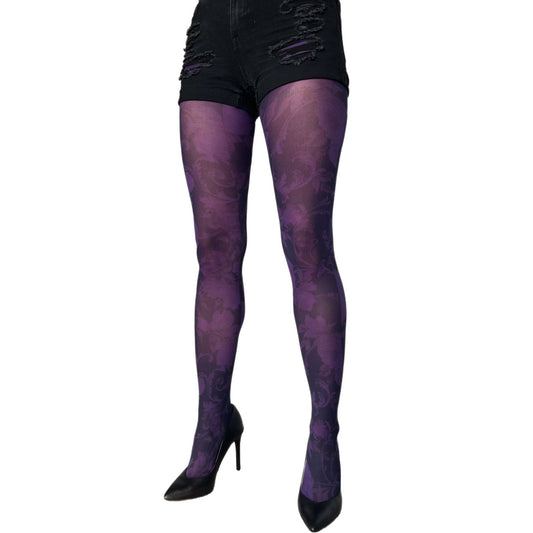 Purple Floral Patterned Printed Tights For Women Malka Chic sold at Aqualta