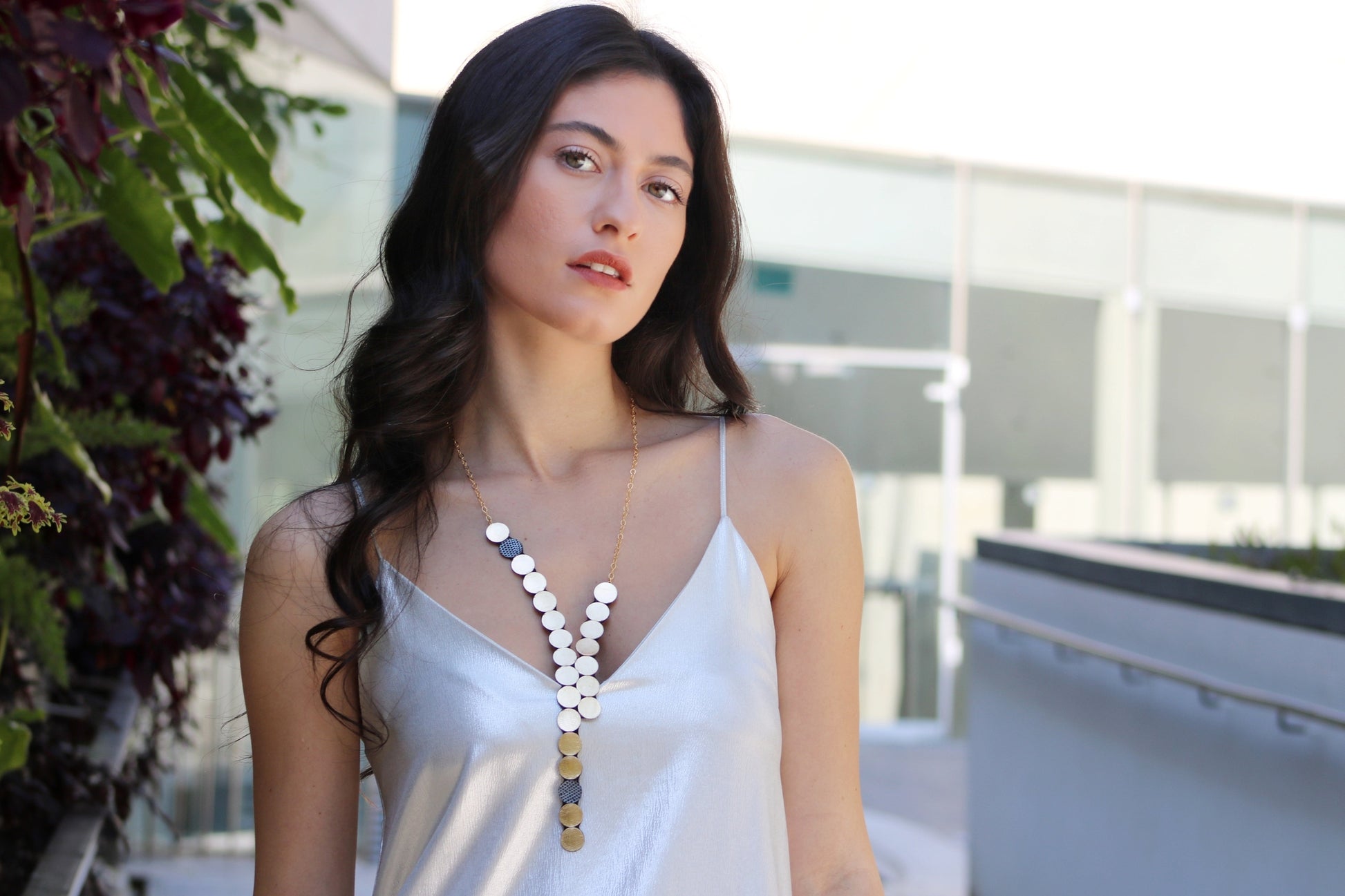 Raindrop Long Gold Leather Necklace Shulliedesign sold at Aqualta 3