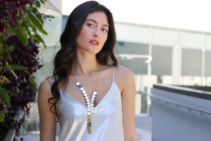 Raindrop Long Gold Leather Necklace Shulliedesign sold at Aqualta 3