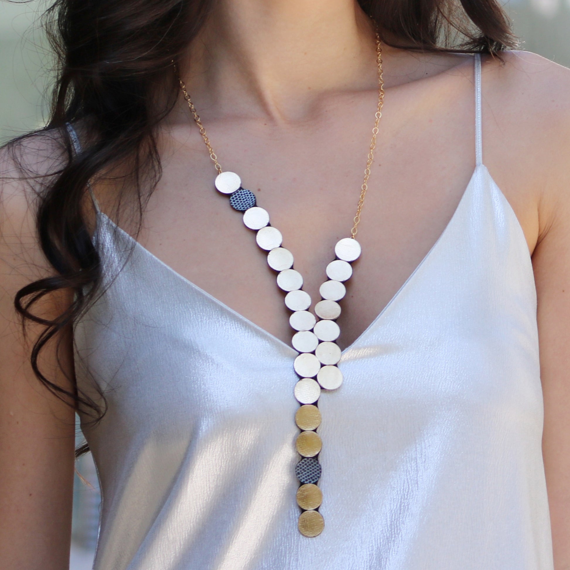 Raindrop Long Gold Leather Necklace Shulliedesign sold at Aqualta 2