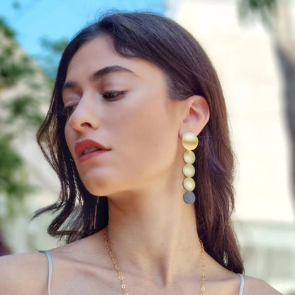 Raindrop Long Gold dangle leather Earrings Shullidesign sold at Aqualta,3
