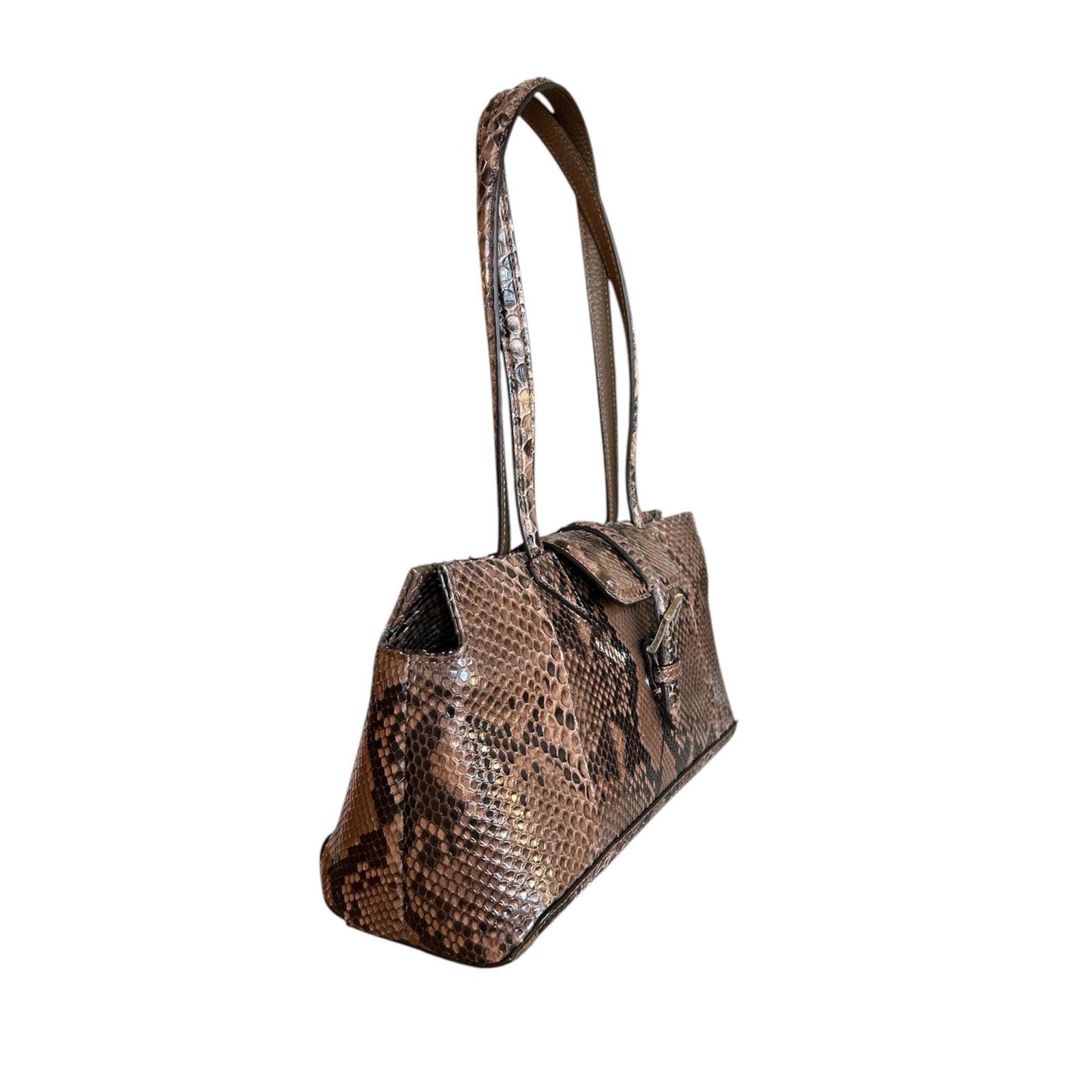 Side viw picture of our Rectangular Python leather Satchel Brown Biagini sold at Aqualta