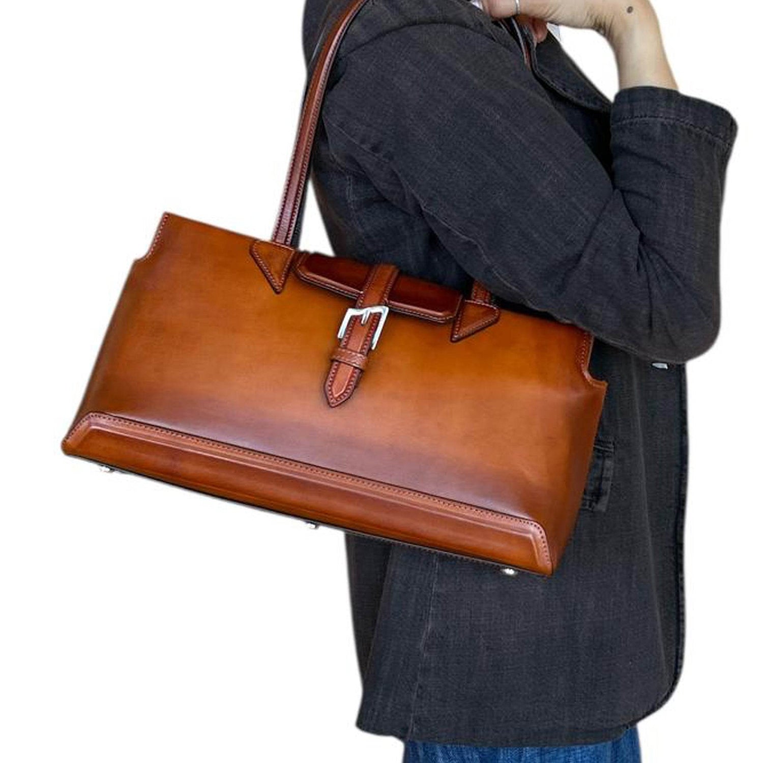 Rectangular Patin leather Satchel Cognac - AQUALTA