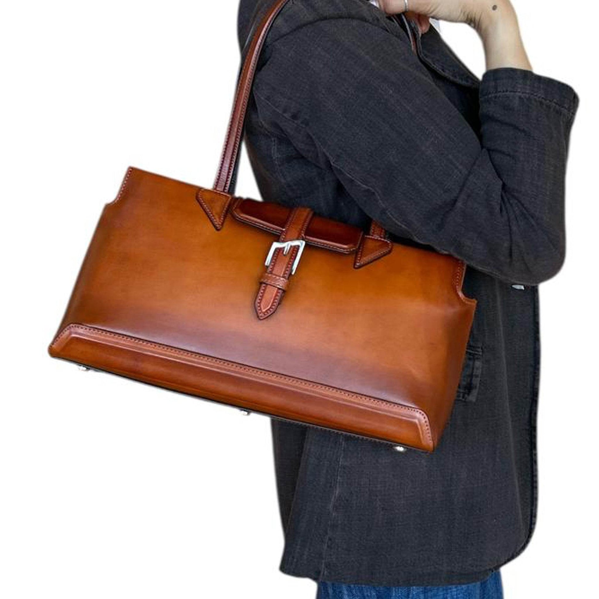 Rectangular Patin leather Satchel Cognac - AQUALTA