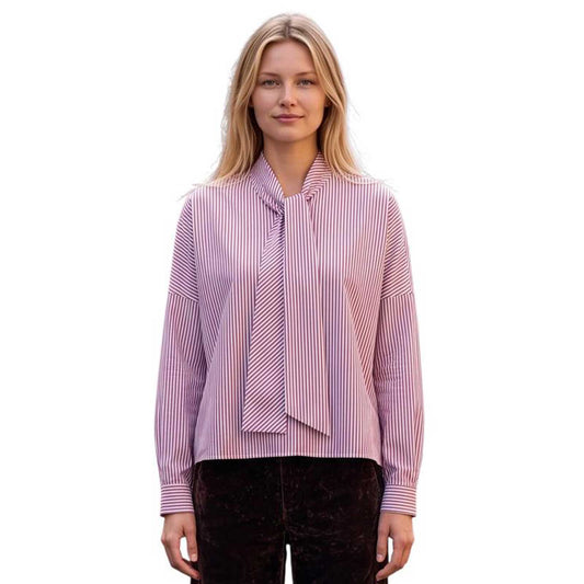 Front view of La Sartoria Pettegole red and white pinstripe shirt featuring a long tie-neck bow collar and relaxed silhouette, available at Aqualta.