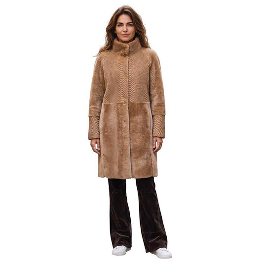Suprema reversible knee length coat featuring smooth leather exterior and Merinos fur collar at Aqualta