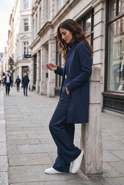 Women’s Goodmatch reversible knee length houndstooth coat in navy blue available at Aqualta