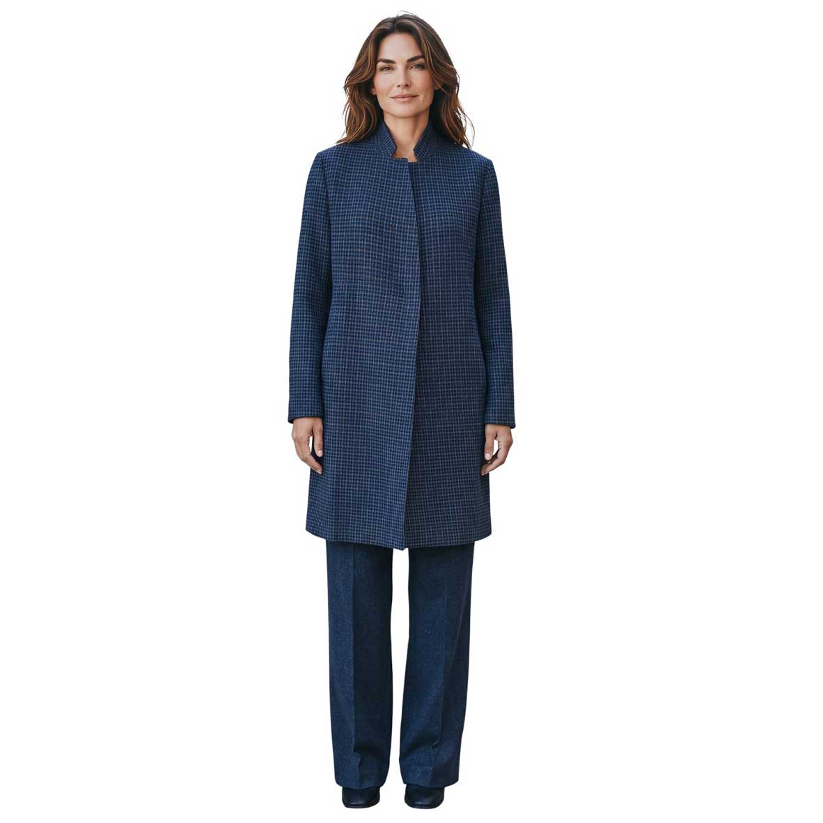 Goodmatch women’s knee length coat in blue Pied de Poule pattern sold at Aqualta