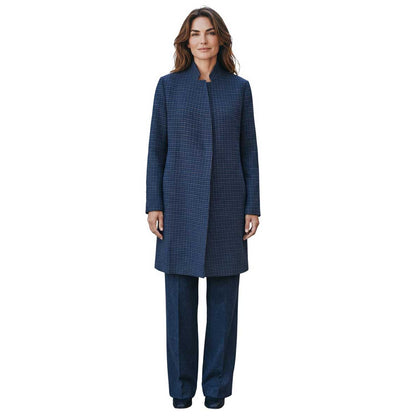 Goodmatch women’s knee length coat in blue Pied de Poule pattern sold at Aqualta