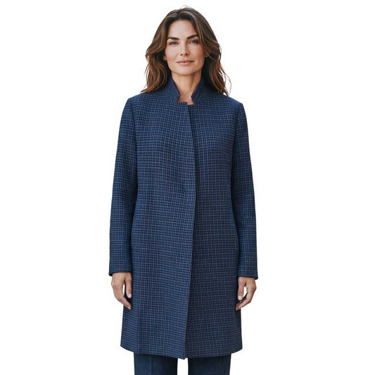 Woman wearing Goodmatch reversible knee length blue Pied de Poule coat sold at Aqualta