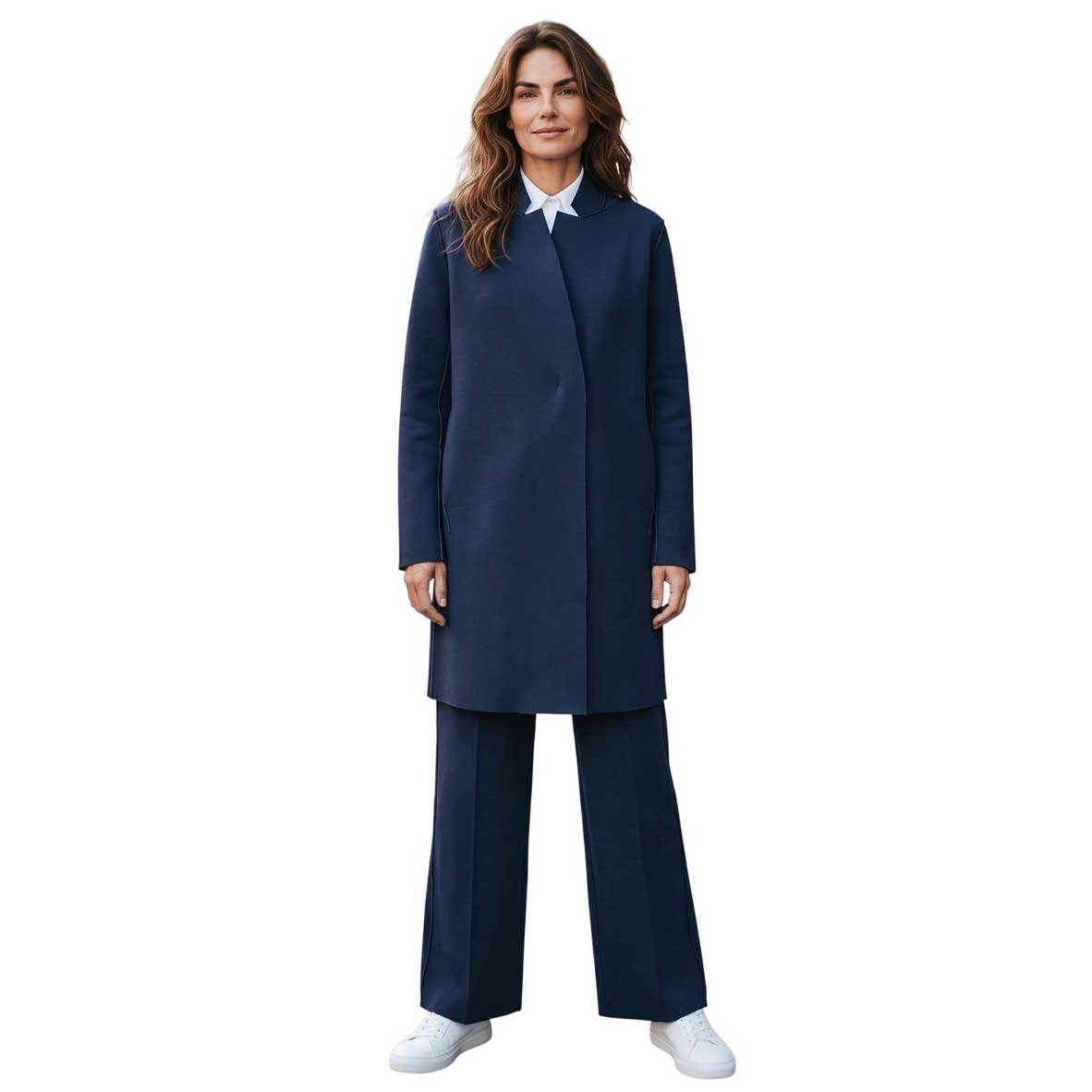 Elegant blue reversible Pied de Poule knee length women’s coat by Goodmatch at Aqualta