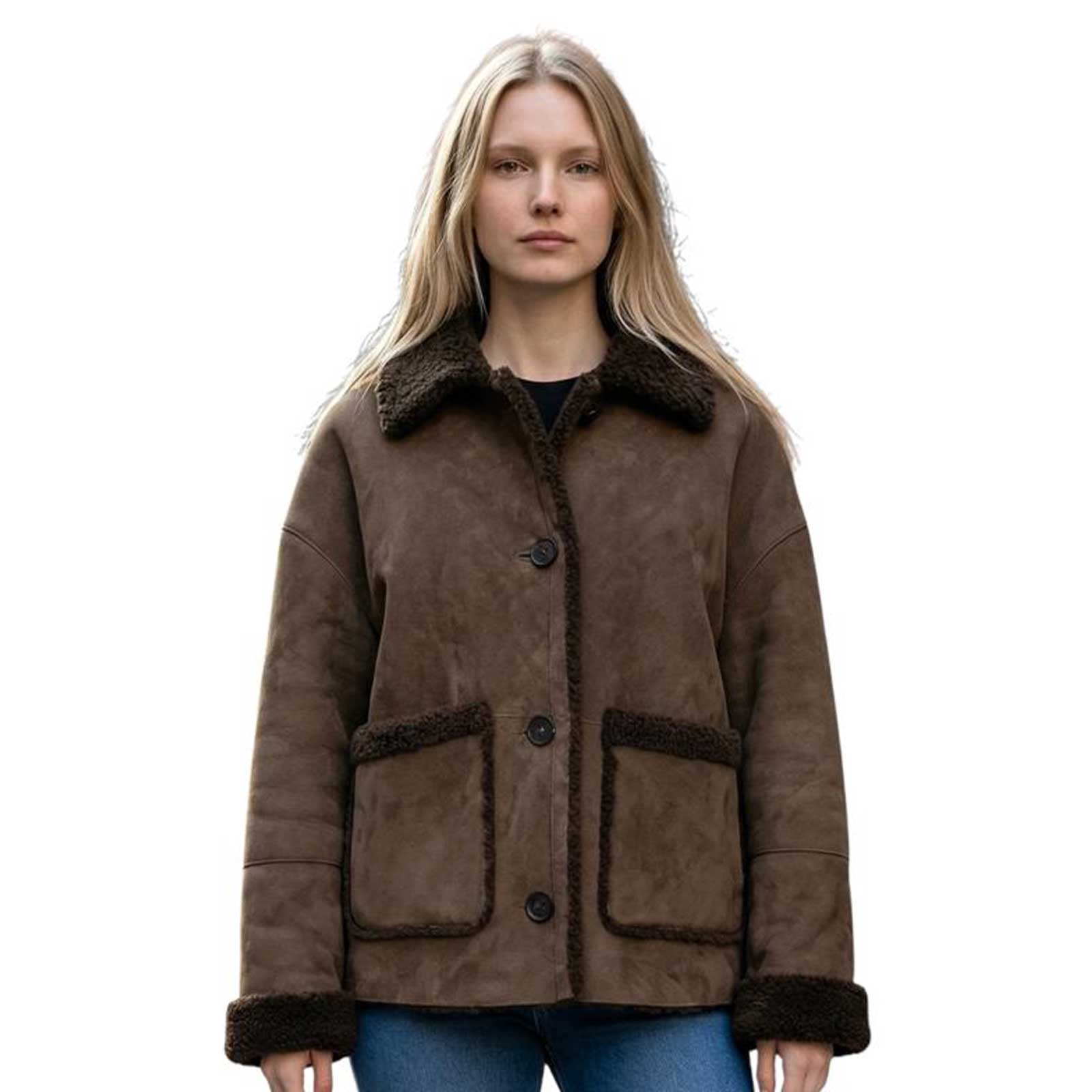 Suprema reversible olive brown shearling suede jacket with cozy collar and front pockets, sold at AqualtaWear.