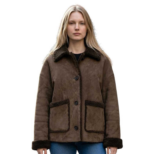 Suprema reversible olive brown shearling suede jacket with cozy collar and front pockets, sold at AqualtaWear.