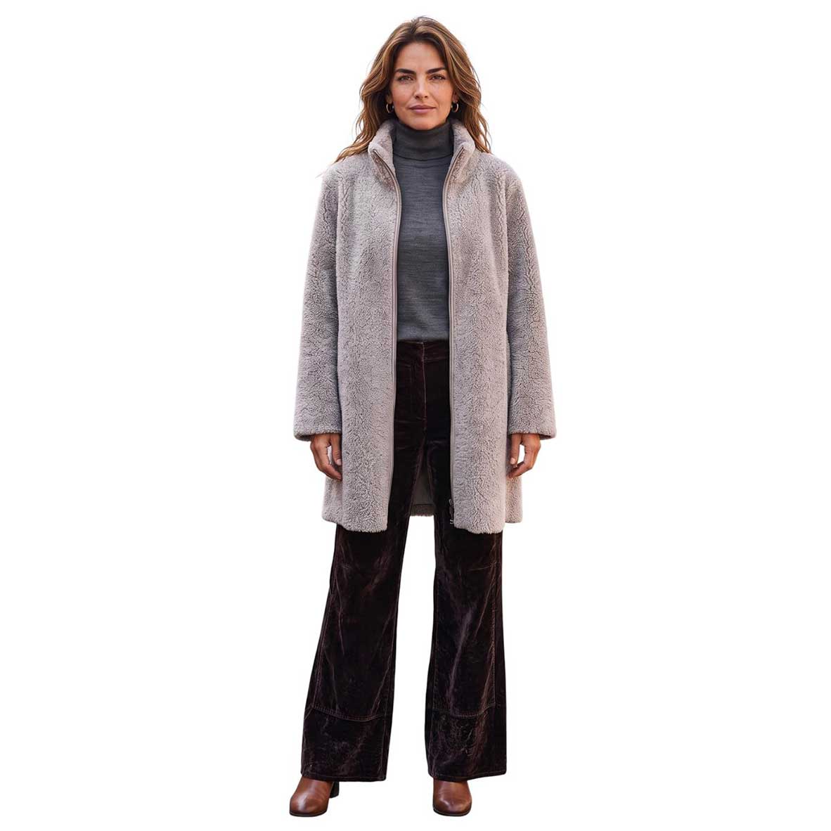 Suprema reversible Merinos fur and leather knee length coat sold at Aqualta