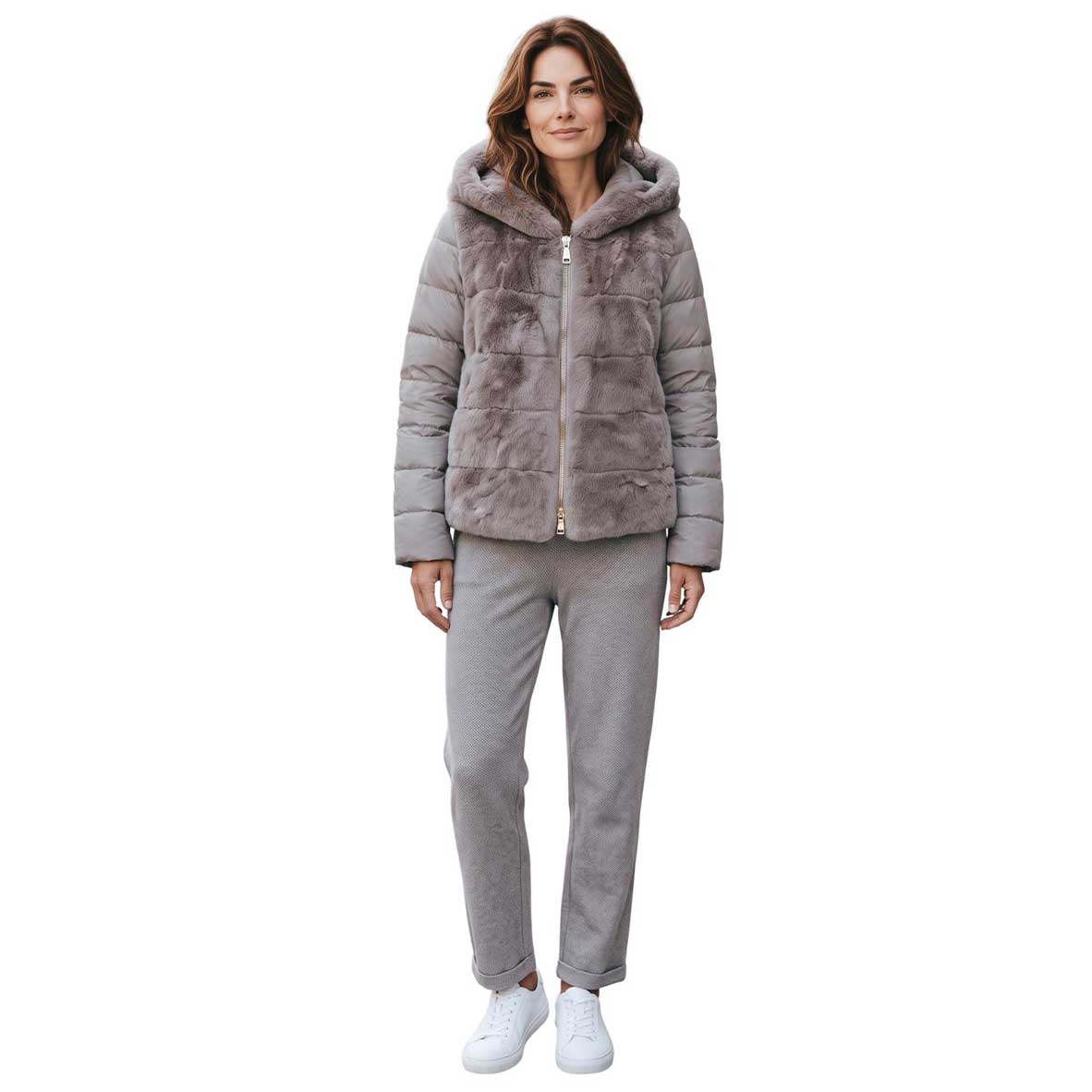 A woman modeling a Rex & Nylon short Cream Jacket Suprema sold at Aqualta