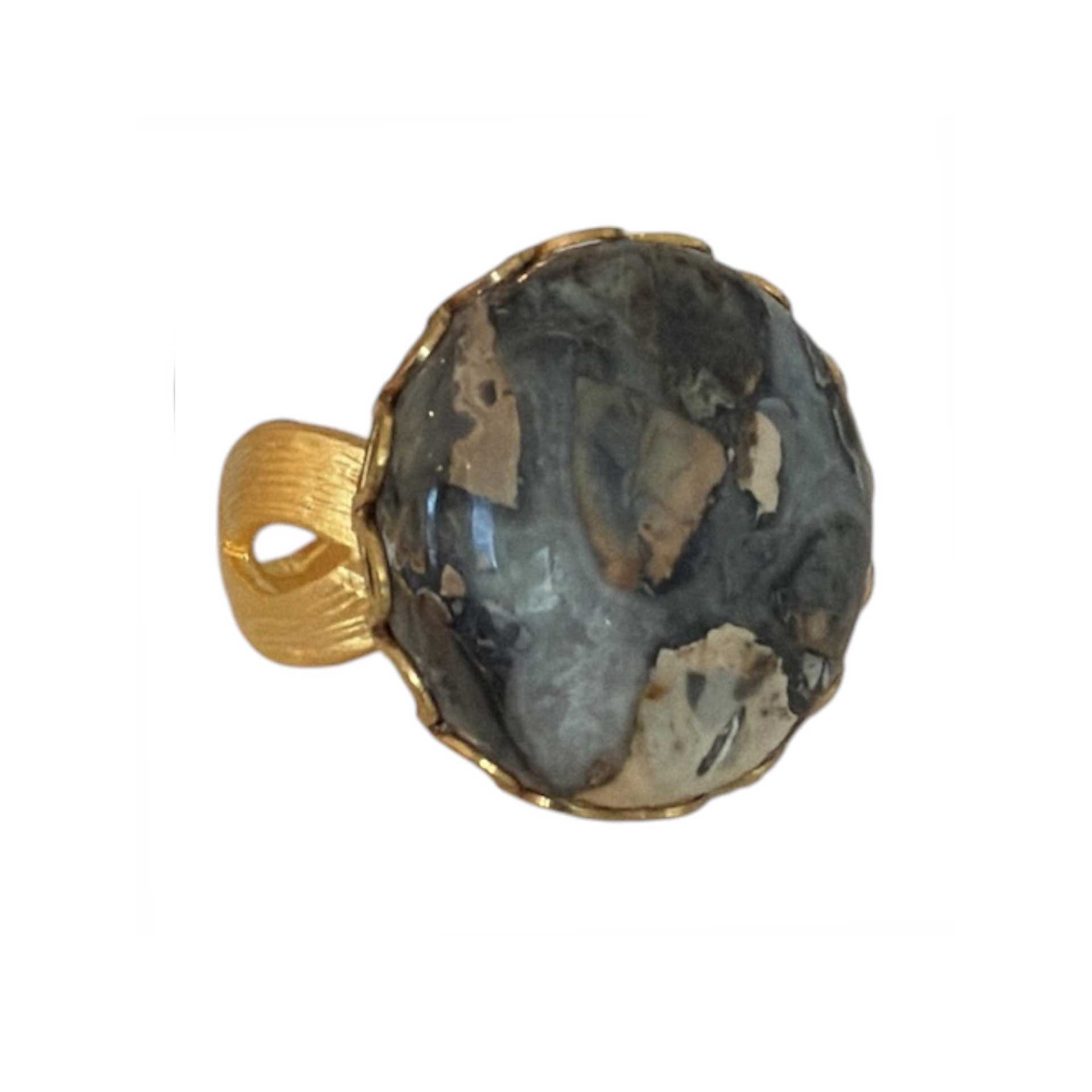 Round Grey Stone Cabochon on Gold Ring Peggy Goodman sold at Aqualta