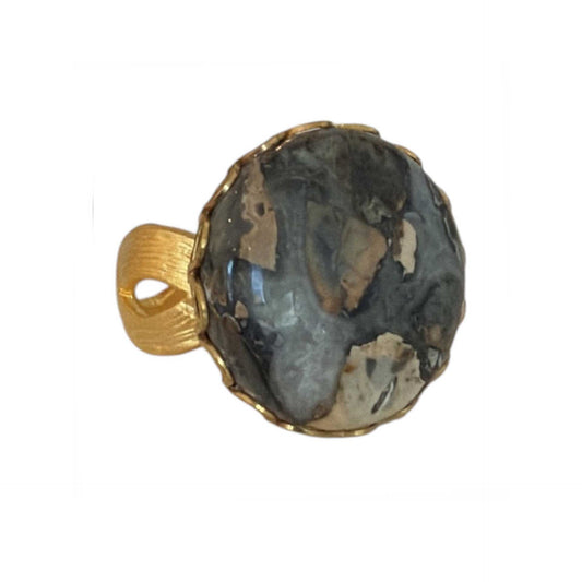 Round Grey Stone Cabochon on Gold Ring Peggy Goodman sold at Aqualta