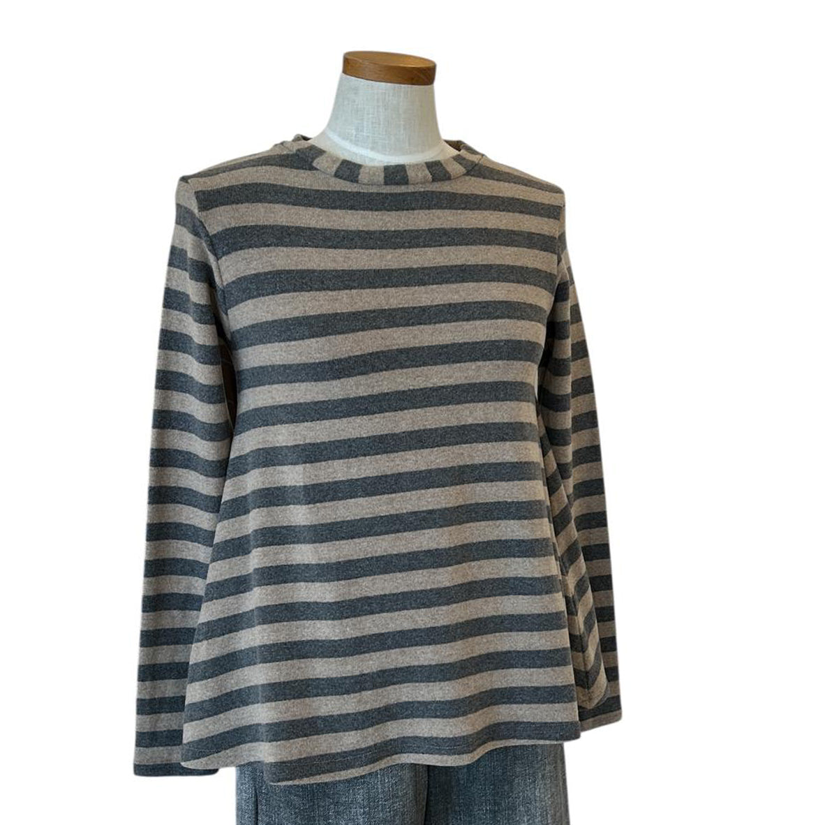 Round Neck Sweater large Stripes Gray Cream Neirami for women sold at Aqualta