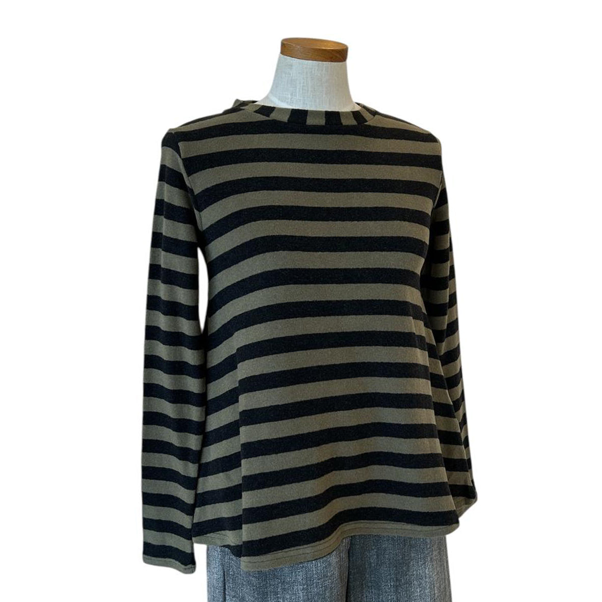 Round Neck Sweater large Stripes Olive & Black Neirami for women sold at Aqualta