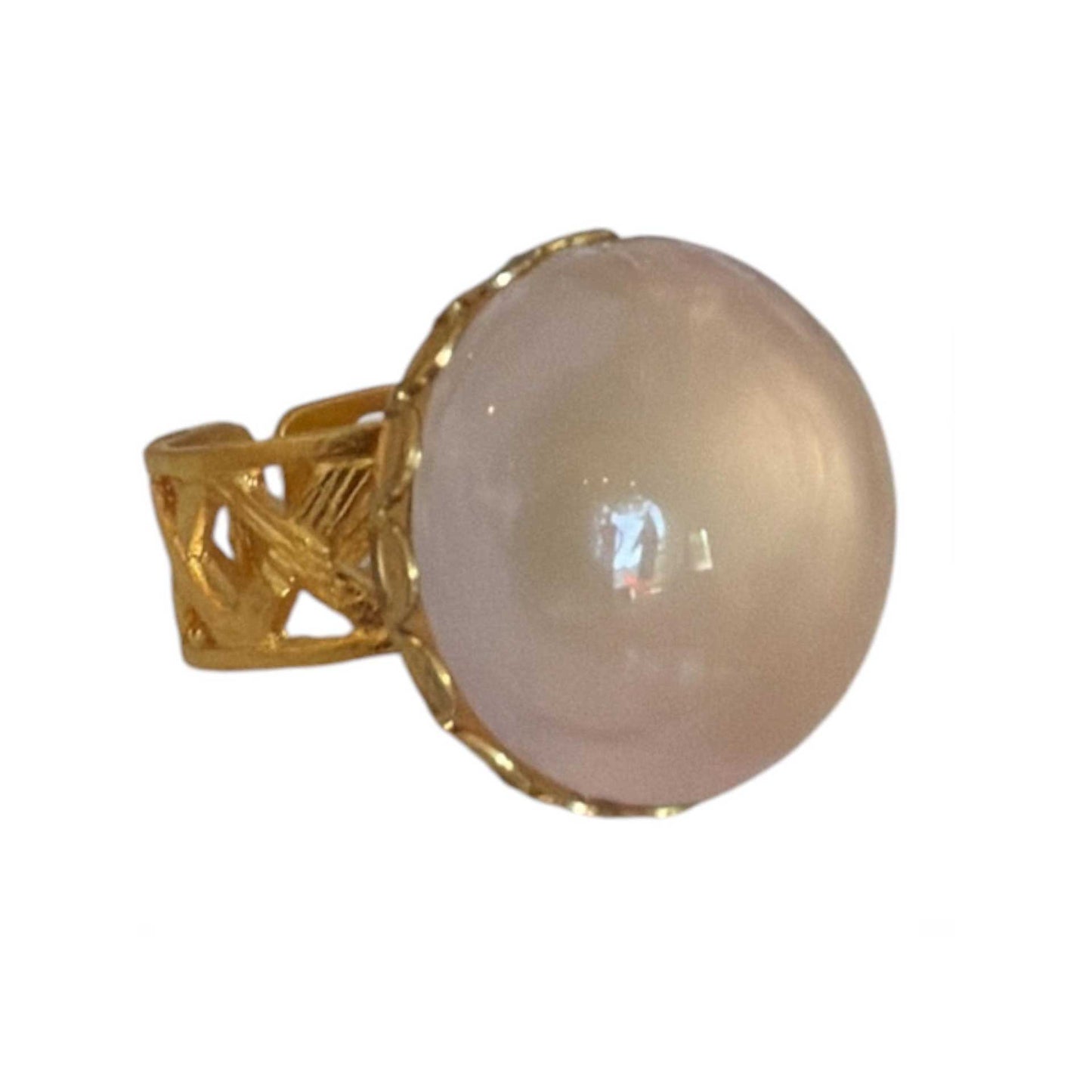 Round Rose Quartz Cabochon on Gold Ring Peggy Goodman sold at Aqualta