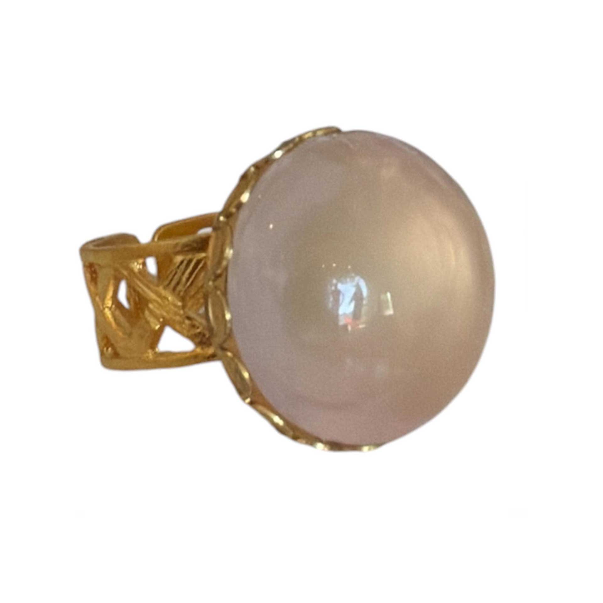 Round Rose Quartz Cabochon on Gold Ring Peggy Goodman sold at Aqualta