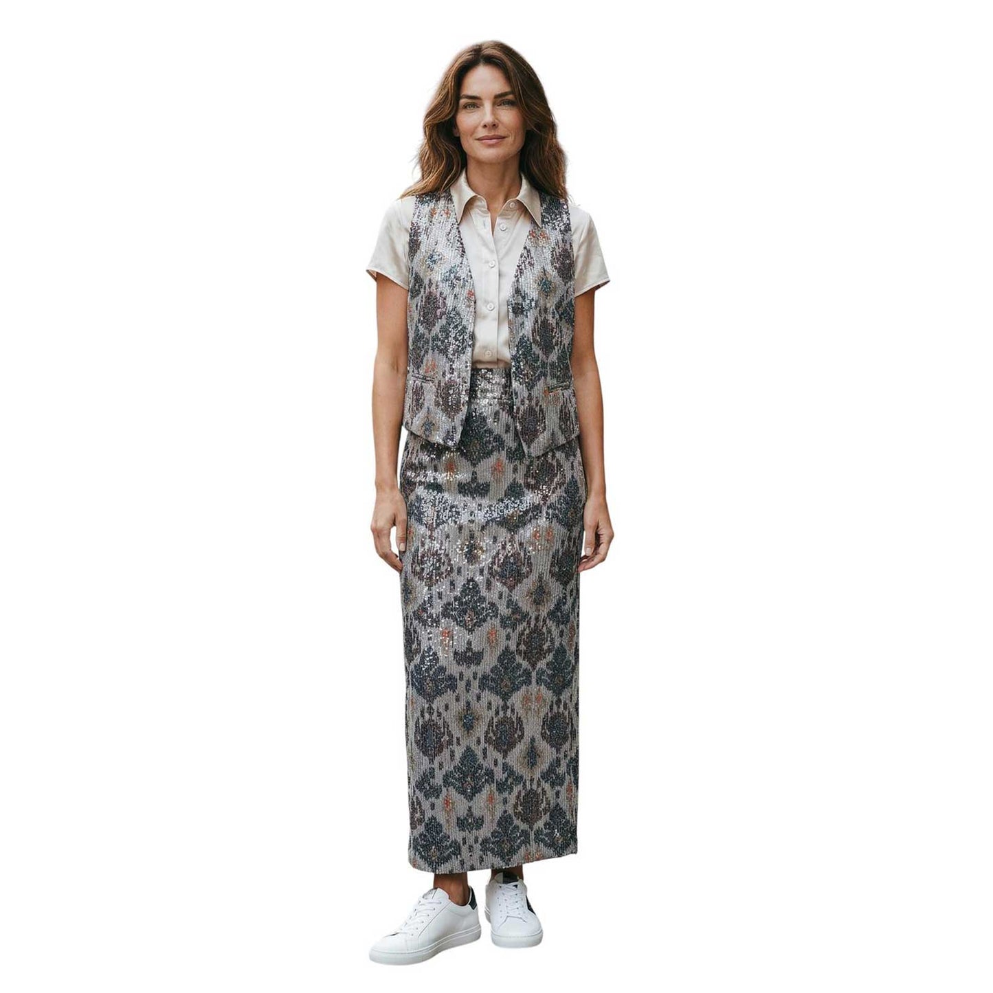 Woman wearing a floral Sequin motif Wrap Skirt Deluxe sold at Aqualta