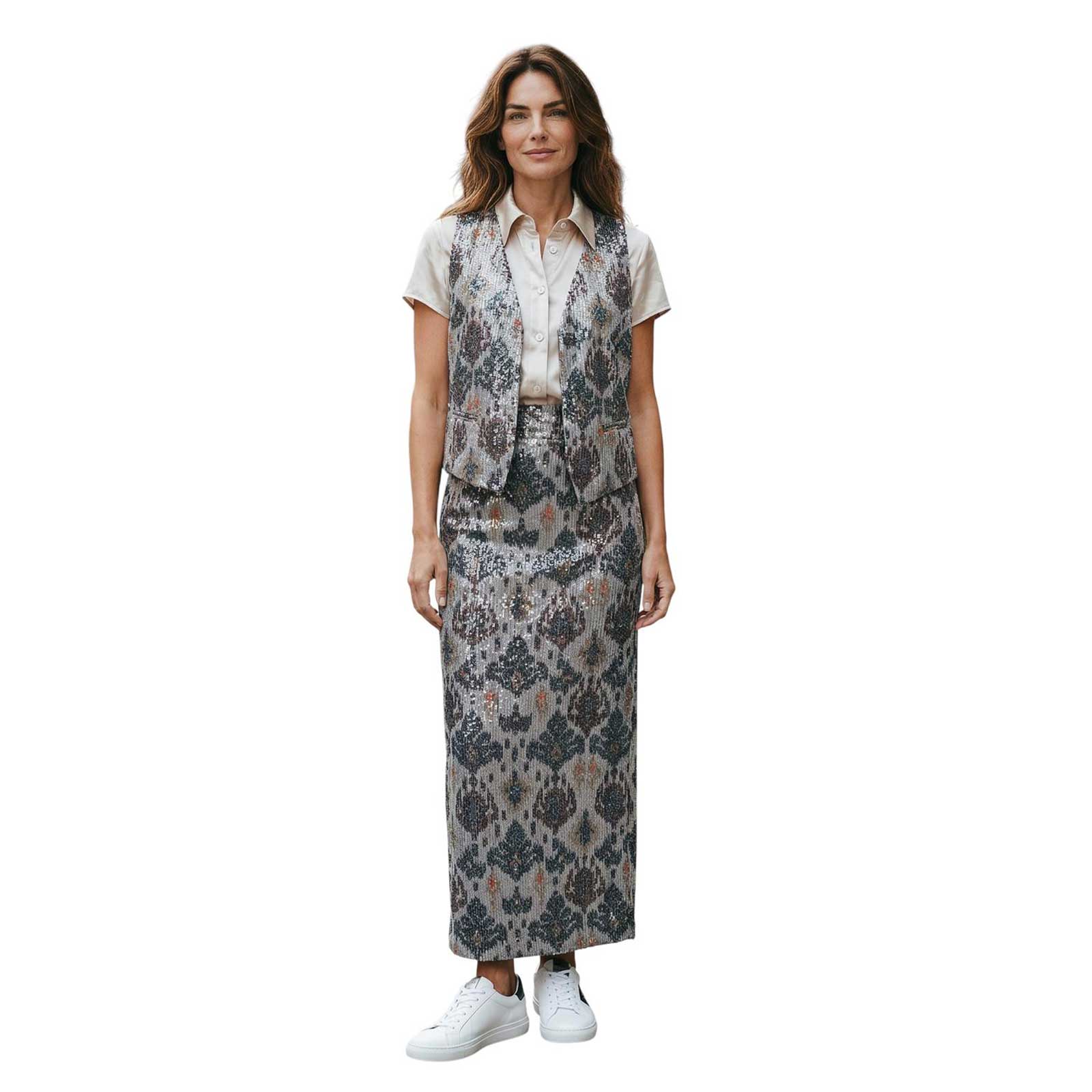 Woman wearing a floral Sequin motif Wrap Skirt Deluxe sold at Aqualta