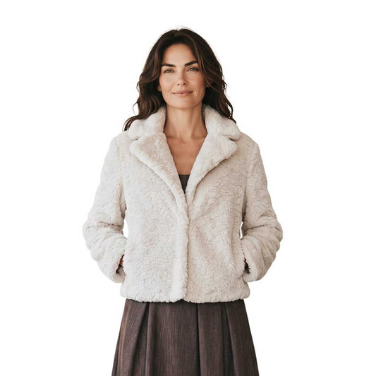 Soft short faux fur coat in cream by Sand, sold at Aqualta, with a warm luxurious feel and minimalist styling.