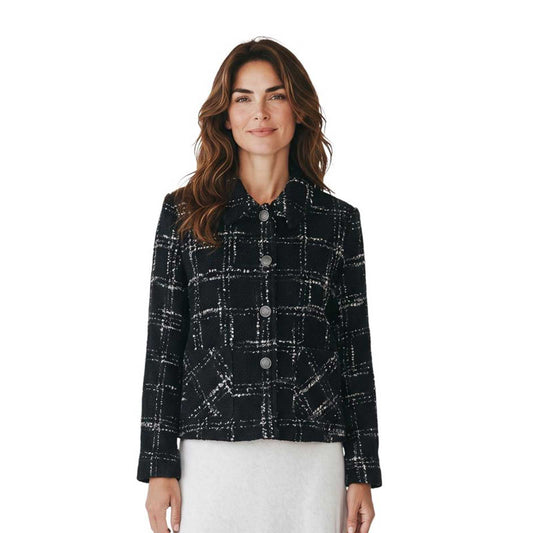 Elegant women’s black and white tweed jacket by Sand, sold at Aqualta, with a refined cropped silhouette and textured finish.