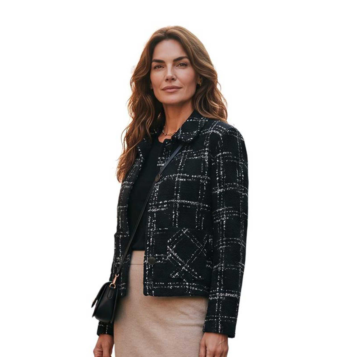 Short black and white tweed collar jacket by Sand, sold at Aqualta, featuring a button-front design and patch pockets.