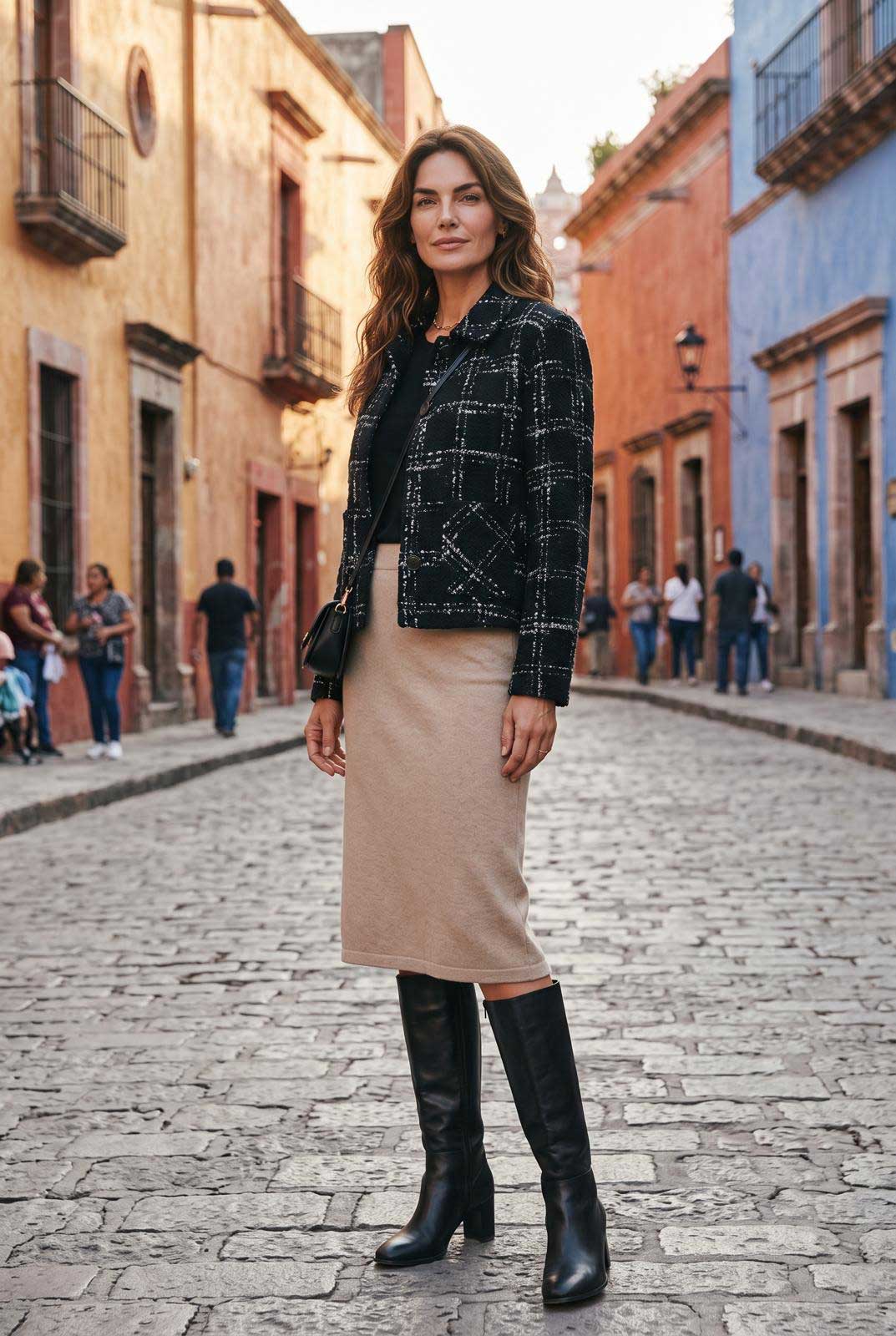 Short collar tweed jacket in black and white by Sand, sold at Aqualta, styled with a flowing midi skirt.