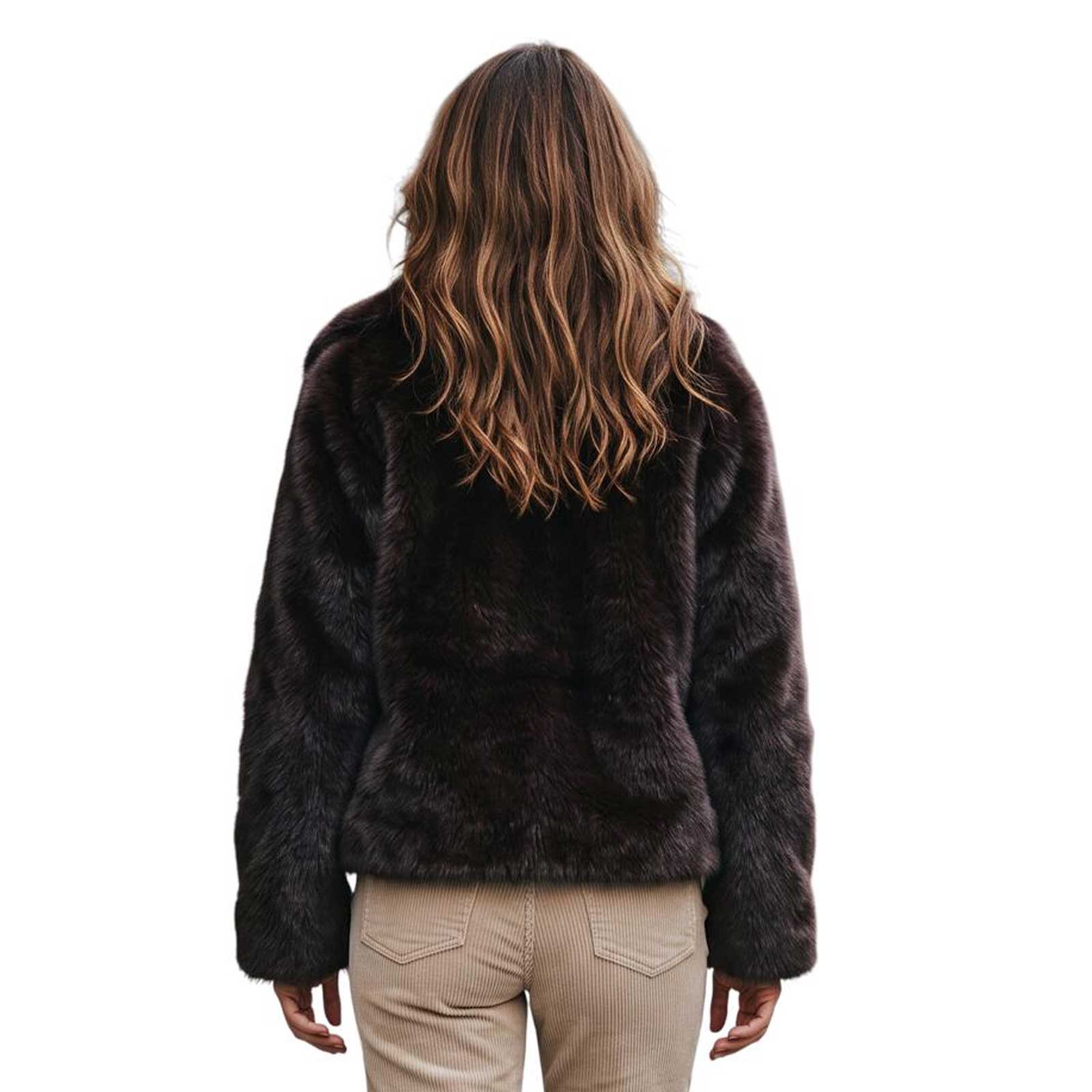 Brown eco-fur short jacket with plush collar – Aqualta