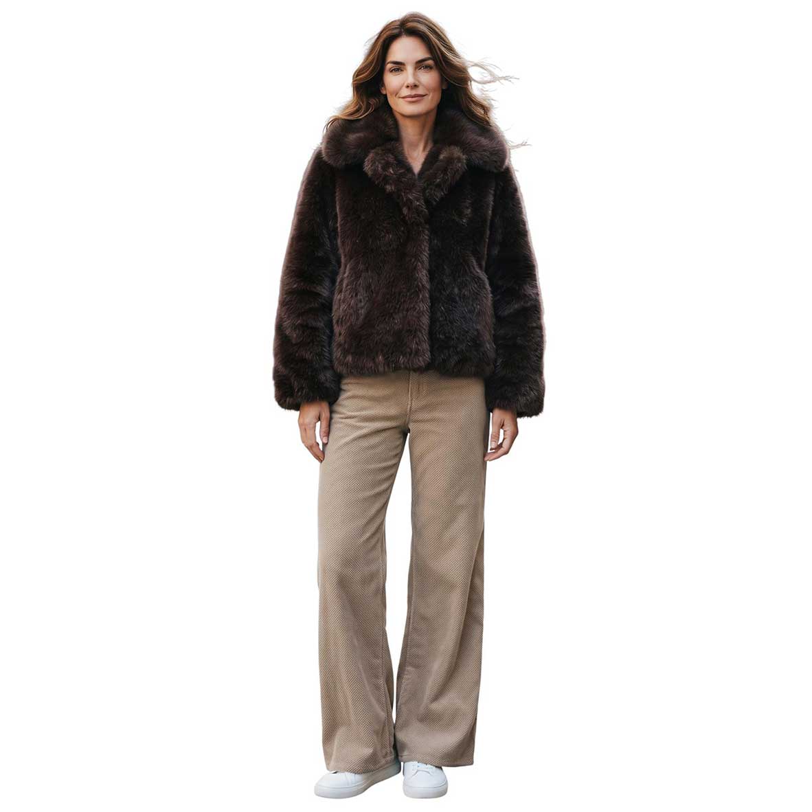 Women’s brown fur jacket styled with beige jeans – Aqualta