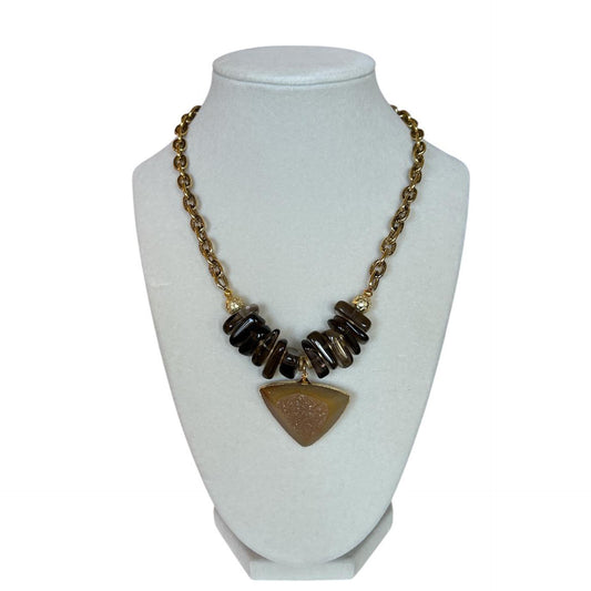 Short Necklace on gold chain with Smokey Quartz & Druzy pendant Peggy Goodman Sold At Aqualta